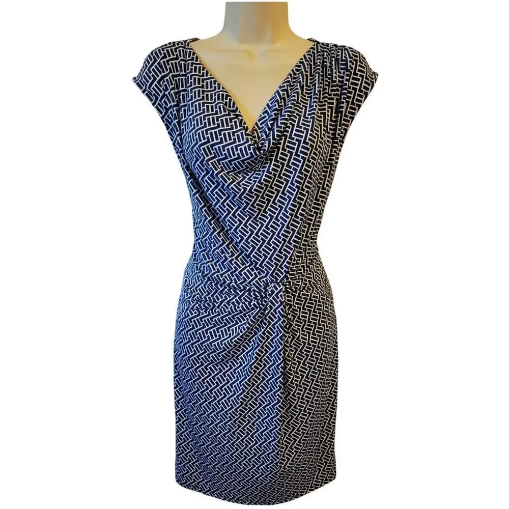Michael Kors Navy and White Geometric Print Stretchy Cowl Neck Dress size Small